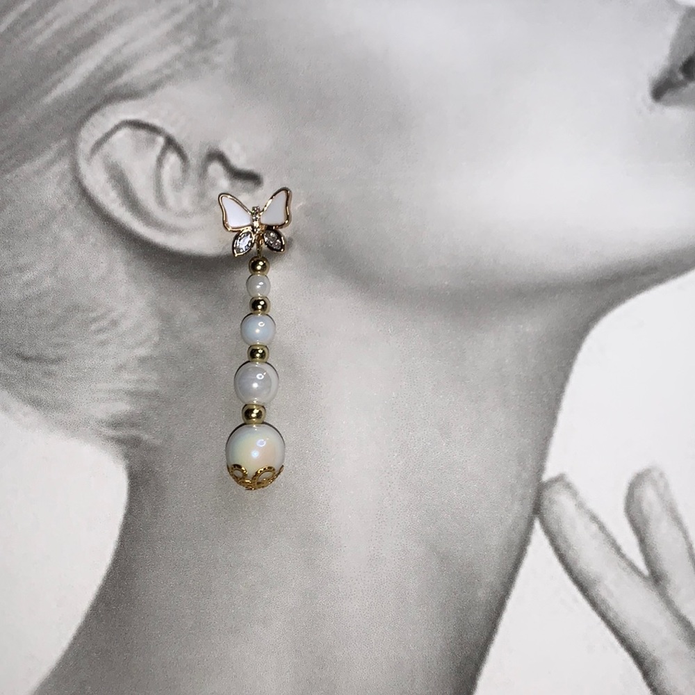 New Hand Crafted White Glass Bead Butterfly Drop Dangling Boho Earring